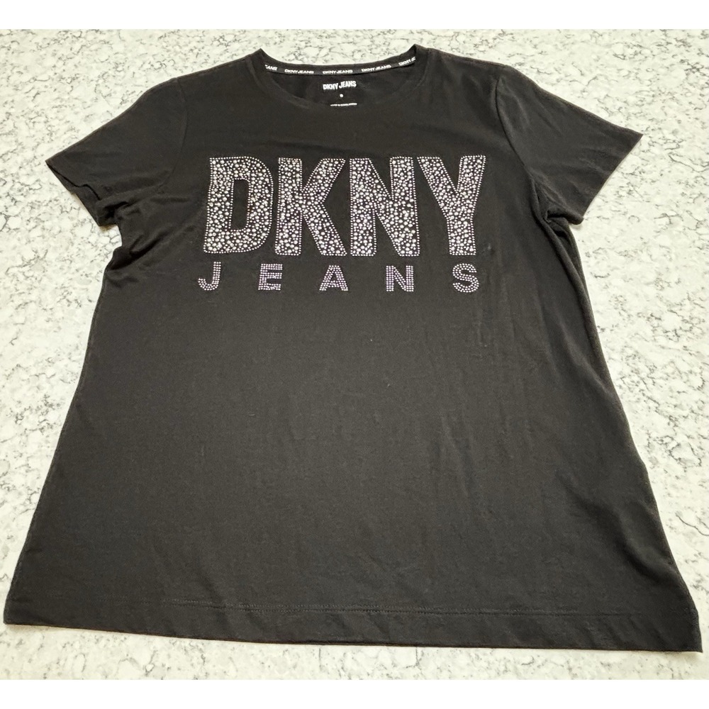 DKNY Jeans Women's Black Rhinestone Logo T-Shirt Size Small Short Sleeve Tee